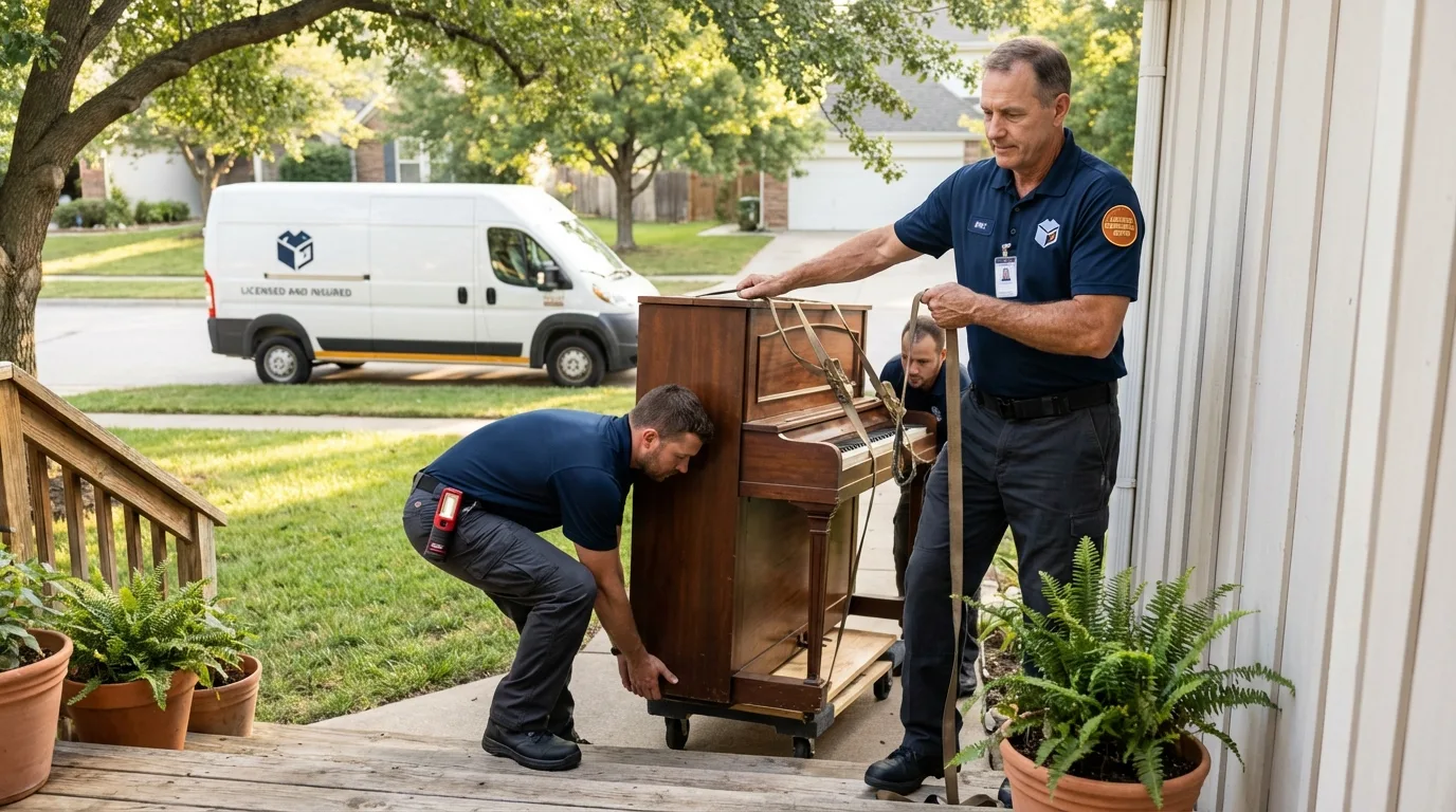 Licensed piano movers securing grand piano in Wilber, NE